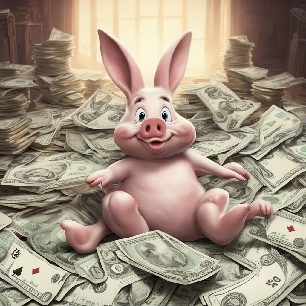 piggish cloven foot lying on stacks of money, bugs bunny playing poker