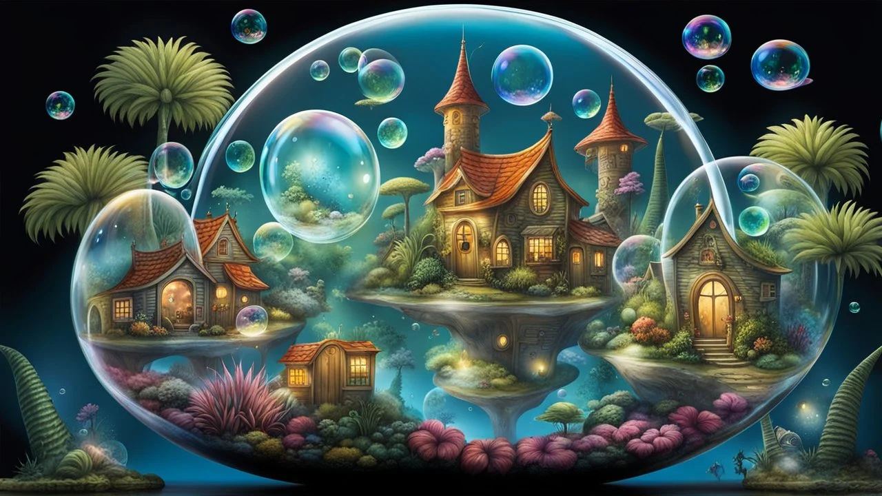 A imaginative illustration from of miniature creatures living in individual floating transparent bubbles. The gallery of bubbles features fantastical landscapes, each one unique and intriguing. In one bubble, a village of extraterrestrial beings thrives, while another features a mystical garden filled with fairies. Another bubble live elves, in another bubble a tropical paradise with dinosaurs. There are bubbles with alien planets, whimsical fairy-tale landscapes, icy land and futuristic city.