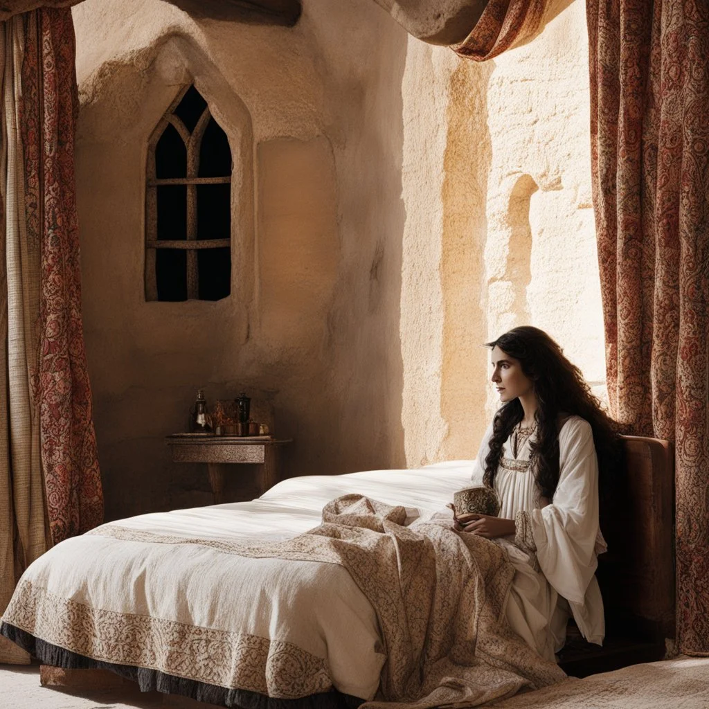 Maria Magdalena in agent provocateur sitting on the edge of her bed in Bethlehem during Jesus' era: tapestry and poetries