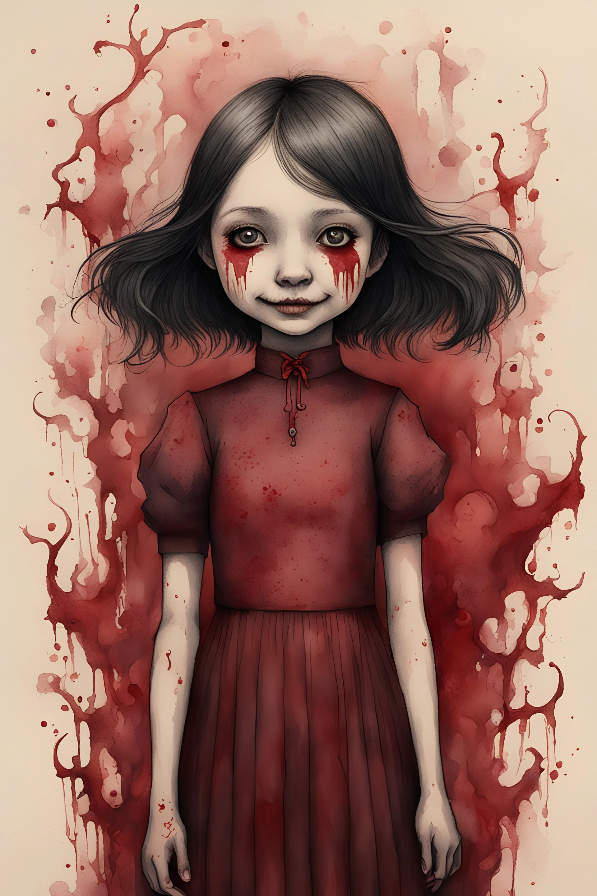 body anormal, smile blood, girl cute, watercolor illustration by <John Kenn Mortensen>, darkred tones,