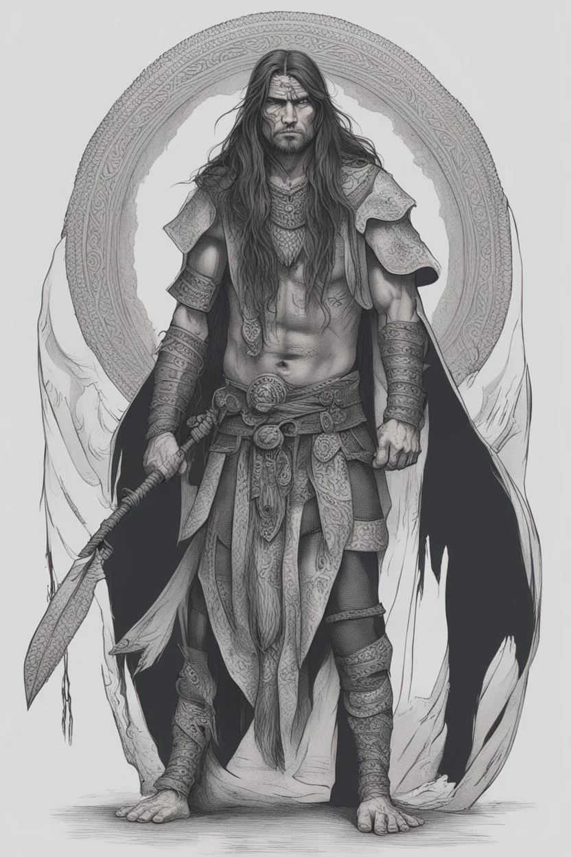 long haired warrior with tribal tattoos and cloak