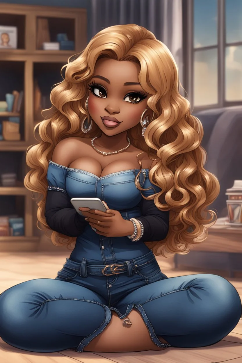 Create a magna art of a black chibi curvy female sitting on the floor looking at her cell phone. She is wearing tight blue jeans and a black off the shoulder blouse. Prominent make up with lush lashes. Highly detailed wavy ombre blonde and brown long hair. She is also wearing silver large hoop earrings