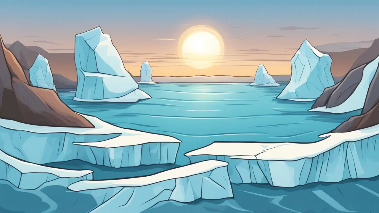 cartoon illustration: nature with icebergs and frozen sea, sun in the sky