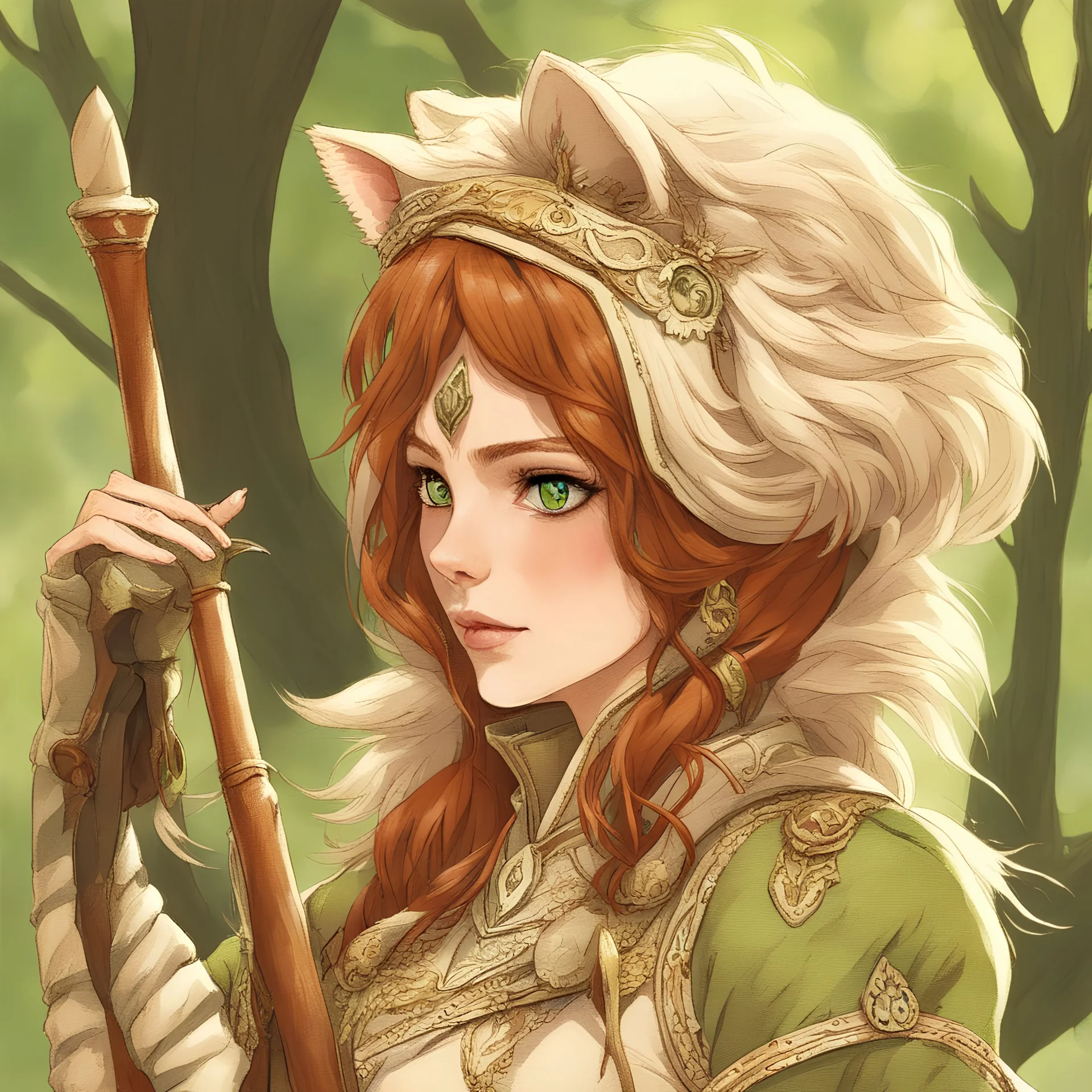 tabaxi female bard with long auburn hair captivating green eyes in a woodland setting intricate costume detail