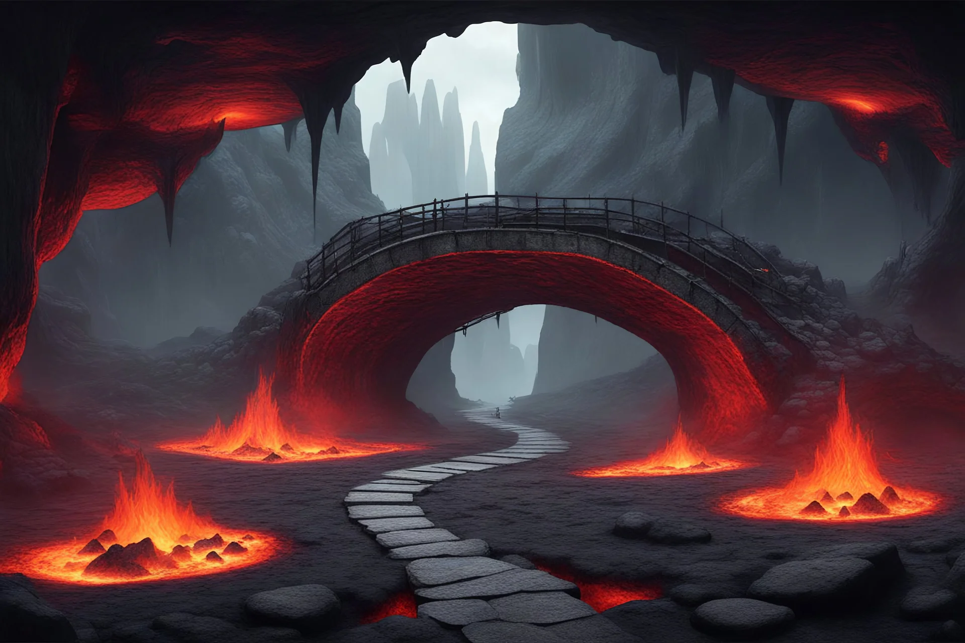 fantasy underground bridge over lava