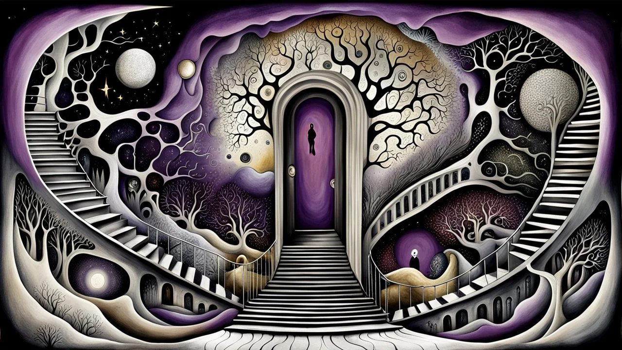 painted inner world with uncontrolled mind and neurodivergens soul, floating doors over surreal cracked painted weird empty land . neverending brockened stairs,. dark purple, gray, black, white, brown, malachit, cream color. Whimsical style of Chagall , of Anna Dittman. No people in picture, weird absurd beauty nightmare, in background big neuron network web, surreal vibe
