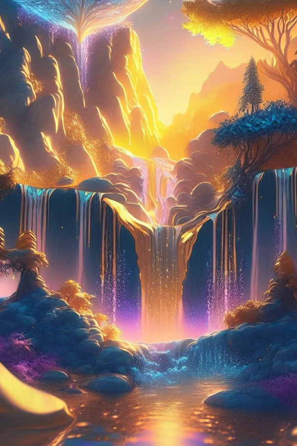 gold and blue crystal cosmic and galactic ambiance hill sky waterfall sunset trees pools river surreal, full of details, smooth, bright sunshine，soft light atmosphere, light effect，vaporwave colorful, concept art, smooth, extremely sharp detail, finely tuned detail, ultra high definition, 8 k, unreal engine 5, ultra sharp focus