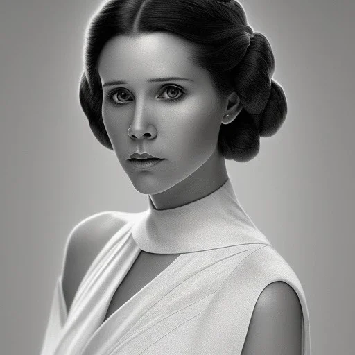 stunning half-body-portrait photo of princess leia from Star Wars played by Carrie Fisher, hazei iris, wlop, artgerm, akihiko yoshida, and liang xing, detailed face, doe eyes, intricate braided hair style, symmetrical eyes, trending on artstation, highly detailed, white dress, dynamic pose, intricate outfit, space ship and galaxy background