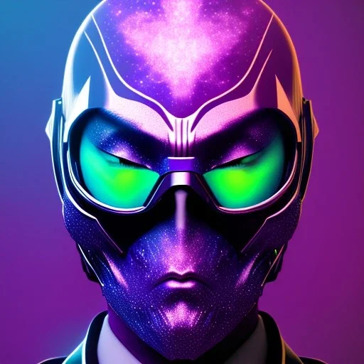 purple galaxy masked villain, futuristic, teal and purple smoke, full portrait, hyper realistic, 4k