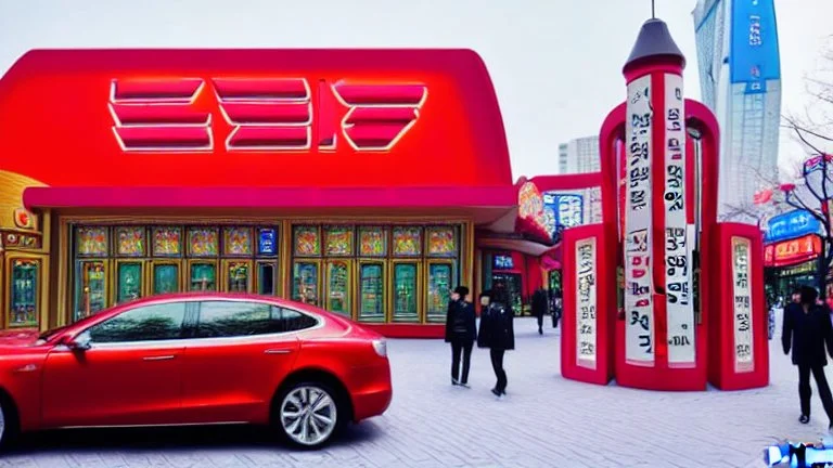 A Tesla's 'Model S Plaid' is parked, at 'Lotte World', in Seoul (South Korea). CINEMATIC. WIDE ANGLE LENS.