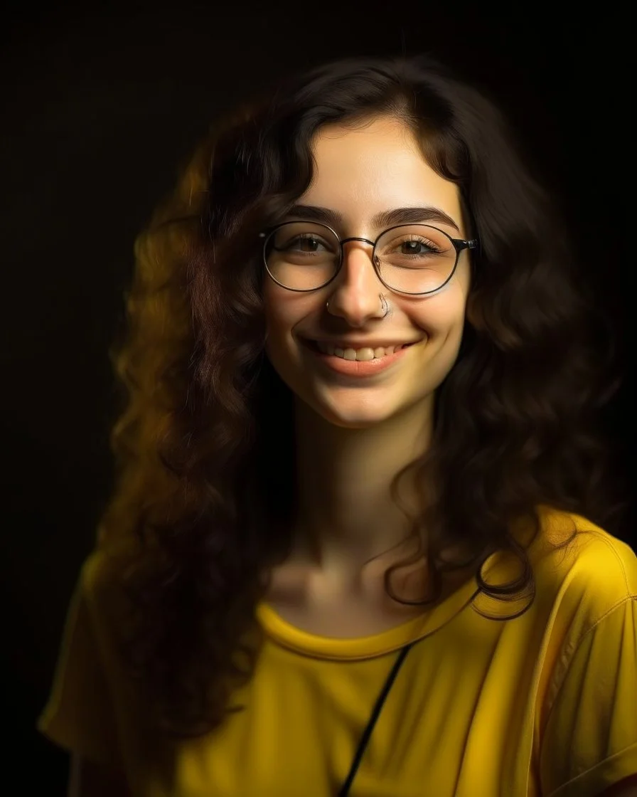 Jeune femme au sourire éclatant, longue et élancée, cheveux noirs, longs, bouclés et volumineux, porte de grandes lunettes rondes à la monture transparente. Nez fin et petit. Elle porte un t-shirt de couleur jaune moutarde avec une chemise florale transparente. Rembrandt style lighting, 8k, portrait, HD.