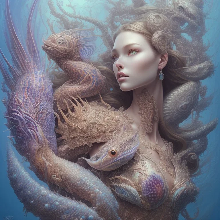 sango fantasy, fantasy magic, intricate, sharp focus, illustration, highly detailed, digital painting, concept art, matte, artgerm and paul lewin and kehinde wiley, masterpiece sexy lips Asain lady body mermaid lionfish head turquoise space lady beach sea under water mermaid seaweed