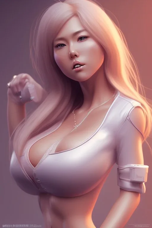 isometric clean art of super japanese woman hitomi tanaka, busty hitomi tanaka,. White clothes, soft lighting, soft pastel gradients, high definition, 3d icon clay render, blender 3d