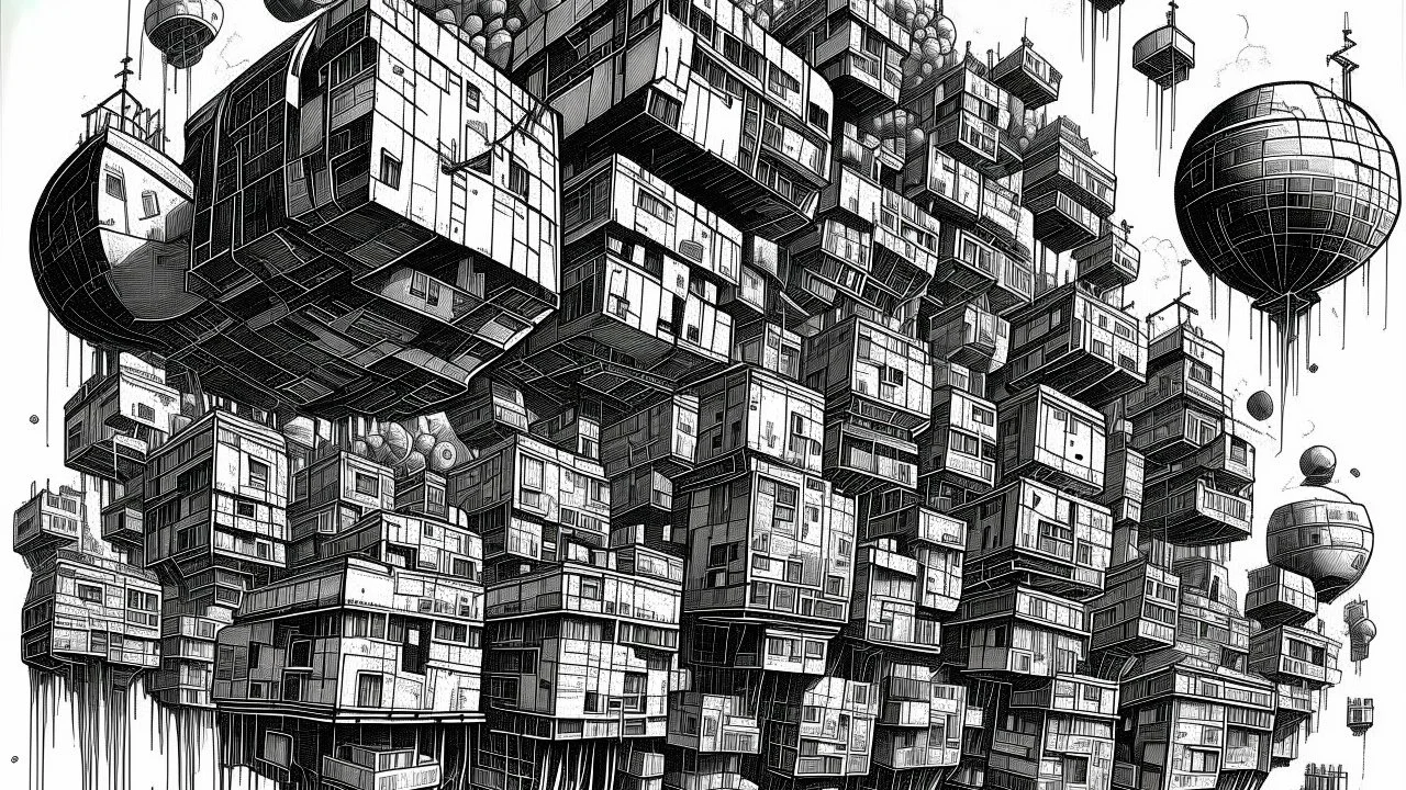 A surreal, dystopian cityscape rendered in black and white ink. The composition is dominated by a cluster of massive, cube-like structures that appear to defy gravity, stacked and jutting out at odd angles. In the center, a large, spherical object covered in spikes and mechanical protrusions hovers ominously, connected to the surrounding cubes by pipes and conduits. Numerous aircraft, including helicopters and futuristic jets, navigate the sky between the structures. A tall, rocket-like spire st