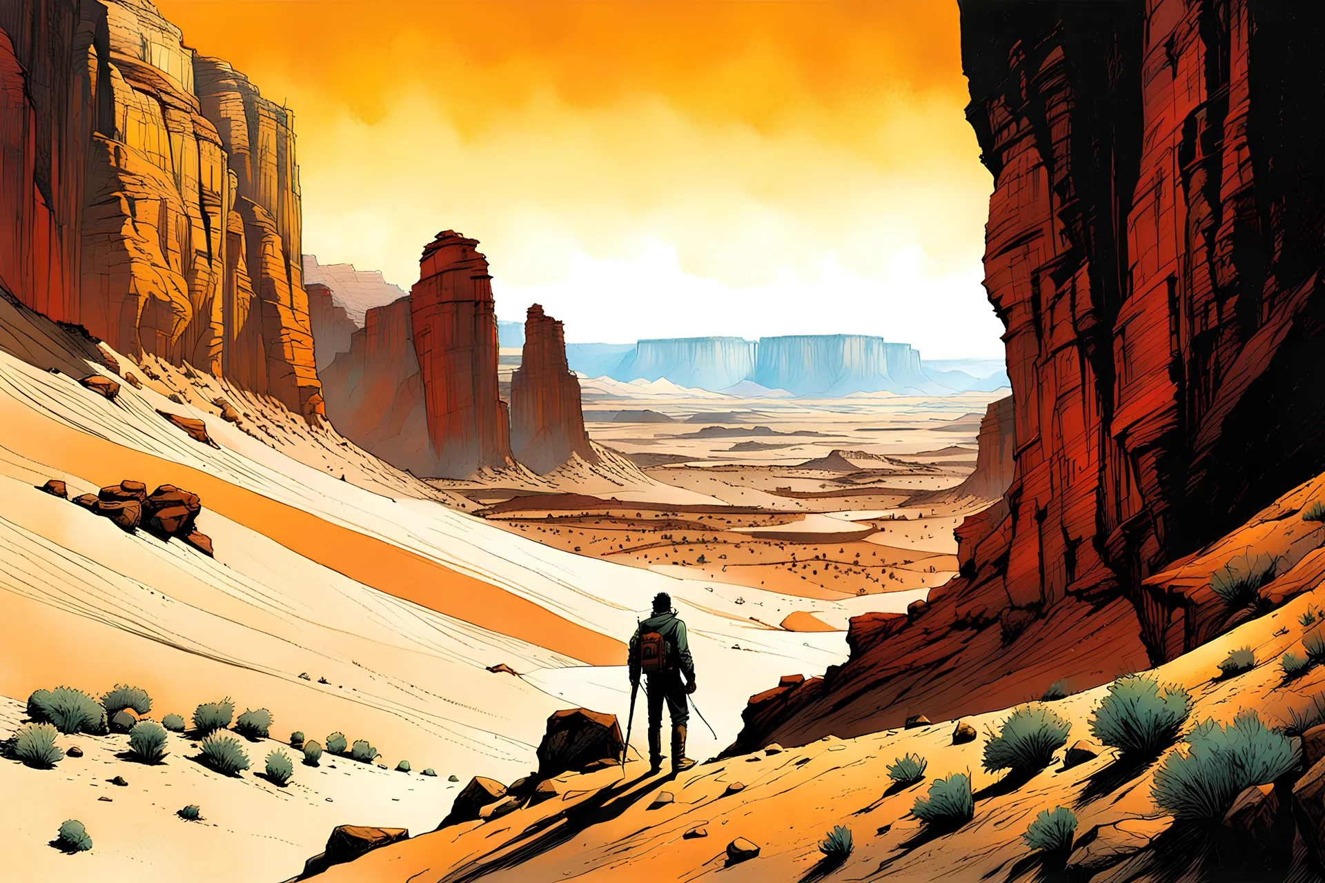 create a surreal illustration of a lost nomadic wanderer with highly detailed, sharply lined facial features at the precipice of insanity in the shadowed canyon lands of oblivion in the comic art style of Bill Sienkiewicz , Philippe Druillet, and Enki Bilal, precisely drawn, boldly inked in arid desert colors