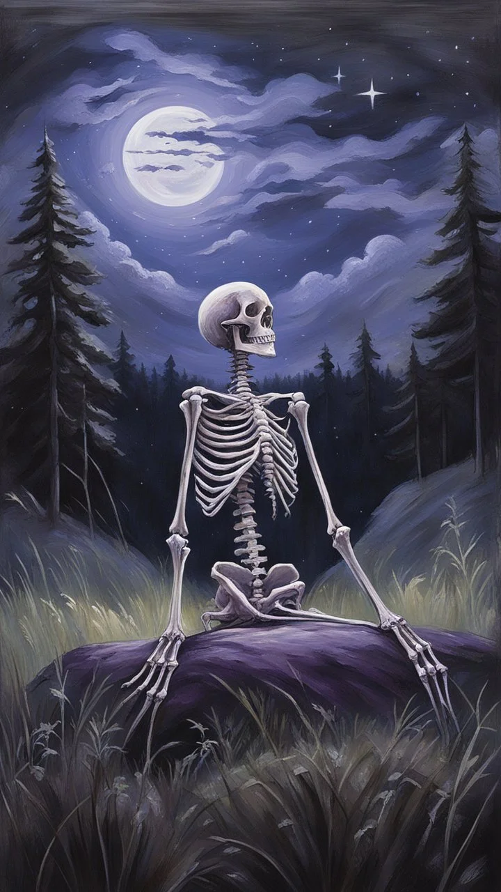 A oil painting from behind a skeleton sitting in the grass on the top of a hill, lookin into the night sky. A Forrest in the background. Painting. Purple colours. Blue colours. Night. Melancholic mood. Colorful.Pastel colours. Masterpiece.