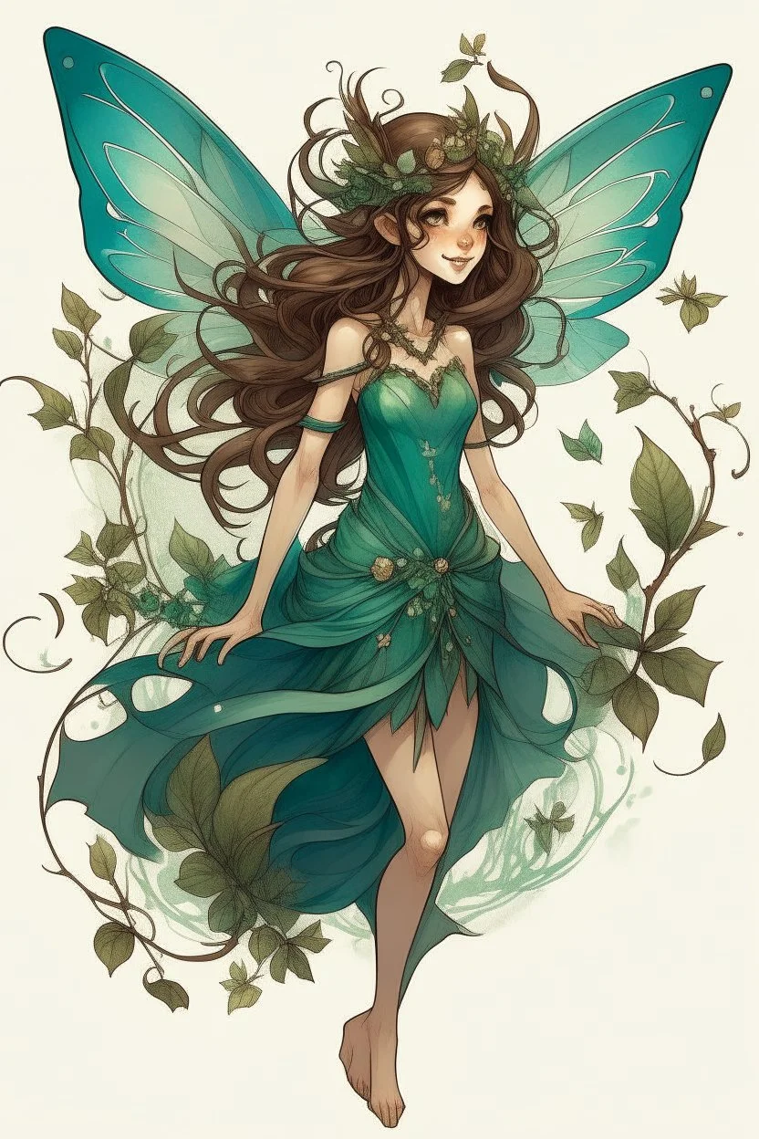 Forest fairy with iridesand teal wings and a cute short leaf dress and pointed ears and multiple vine earings and ear cuffs flying through a mythical forestand brown wavy hair trailing her