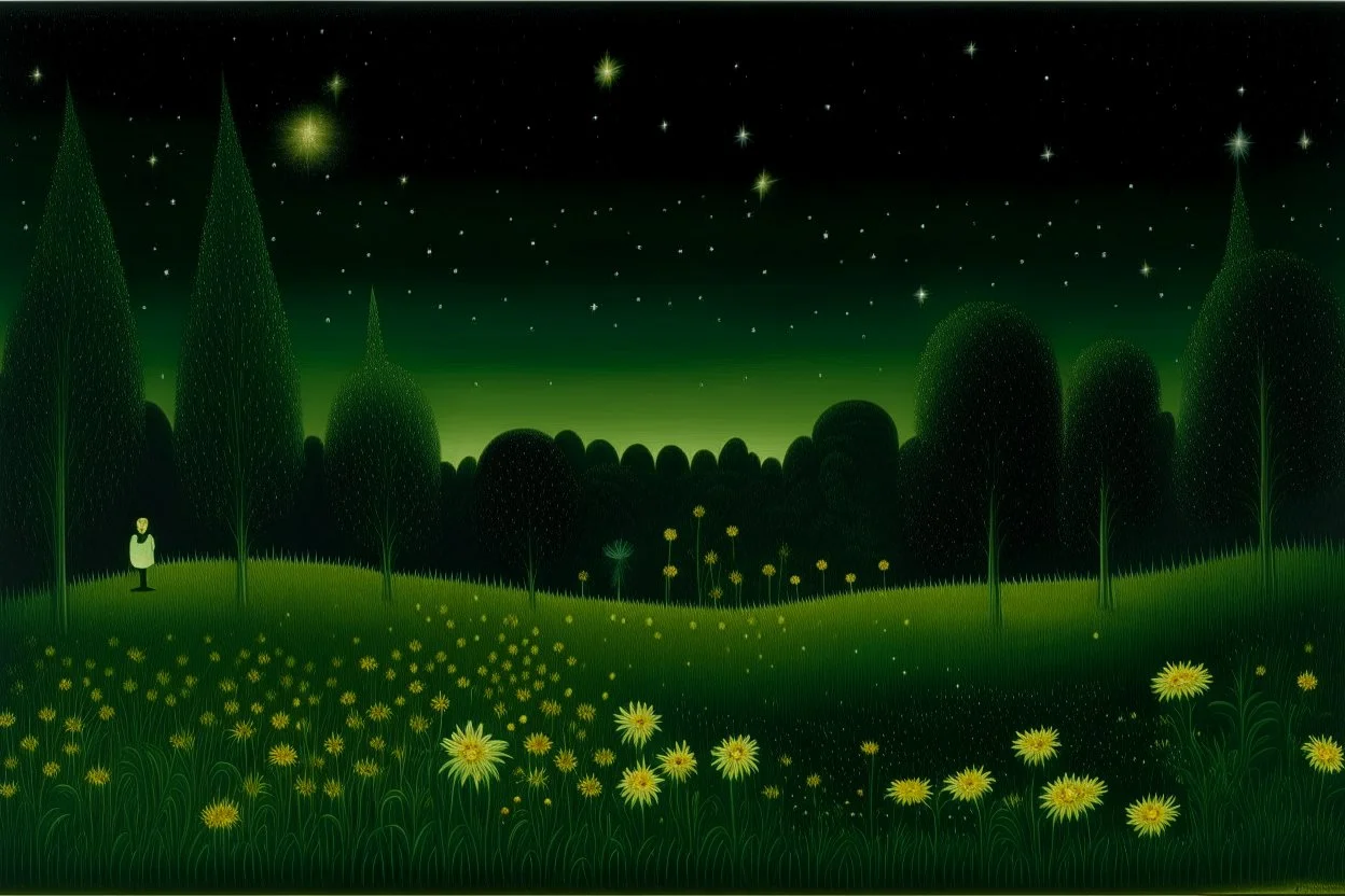 A green flower fields underneath the stars painted by Henri Rousseau