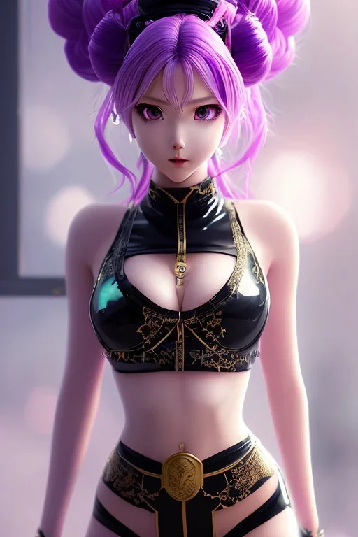 Detailed cute anime Kunoichi girl, purple hair buns, purple bangs, black latex bodysuit, intricate details, full body portrait, keep head in frame, slight smile, black Japanese motif, concept art, highly detailed, digital painting, concept art, sharp focus, illustration, art by Yoji Shinkawa, WLOP and greg rutkowski and alphonse mucha and artgerm and yanjun Chen and Junji ito and Makoto Shinkai, HDR, octane render