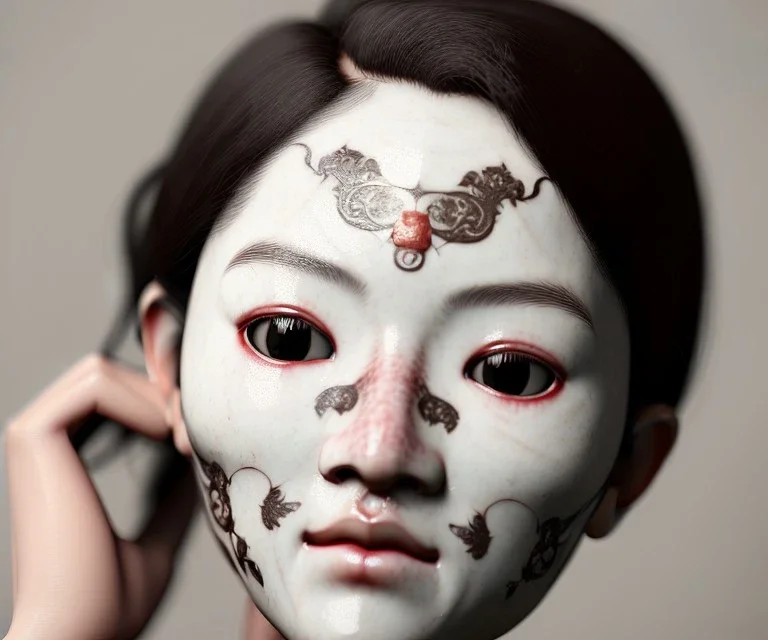 Realistic image portrait. Sweet face traditional japanese porcelain mask. 4k resolution, intricate details, ornate details, soft lighting.