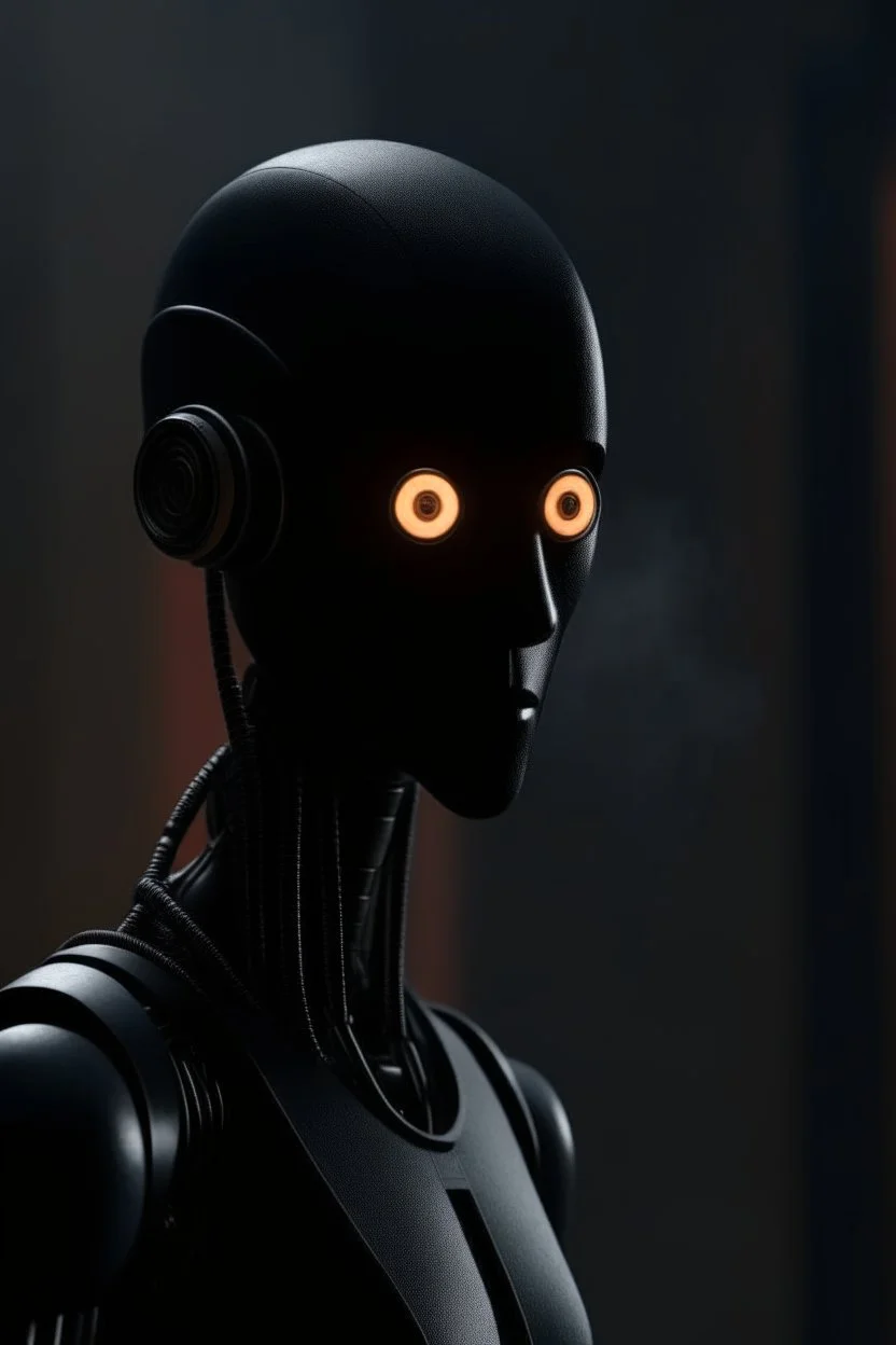 film noire, anime, a chat robot that stares at the camera like its the prettiest demon he has ever seen, its such a perfect day, motion blur, smoke, 8k, downlight, soft light, depth of field, photorealism, trending on art station, lotsa detail