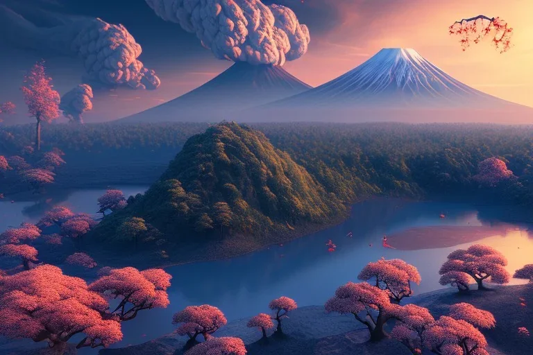 Japanese Fuji Mountain,eruption lava flows into the lake , concept art, smooth, extremely sharp detail, finely tuned detail, ultra high definition, 8 k, unreal engine 5, ultra sharp focus, illustration, magic ambient,fantasy japanese pagoda, bonsai cherry blossom trees .