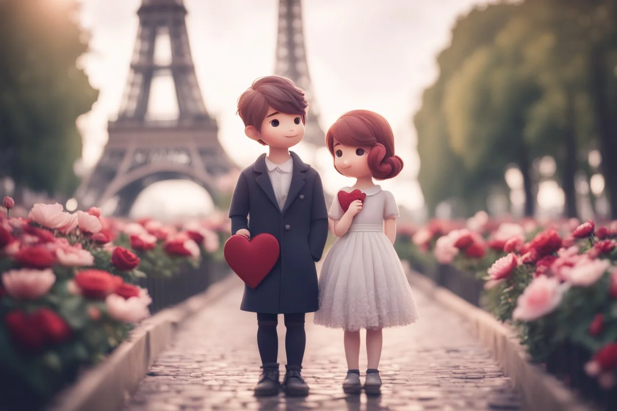 cute chibi mahogany haired girl with a short, silver haired boy, Eiffel tower, heart and love, flowers in Paris, ethereal, cinematic postprocessing, bokeh, dof