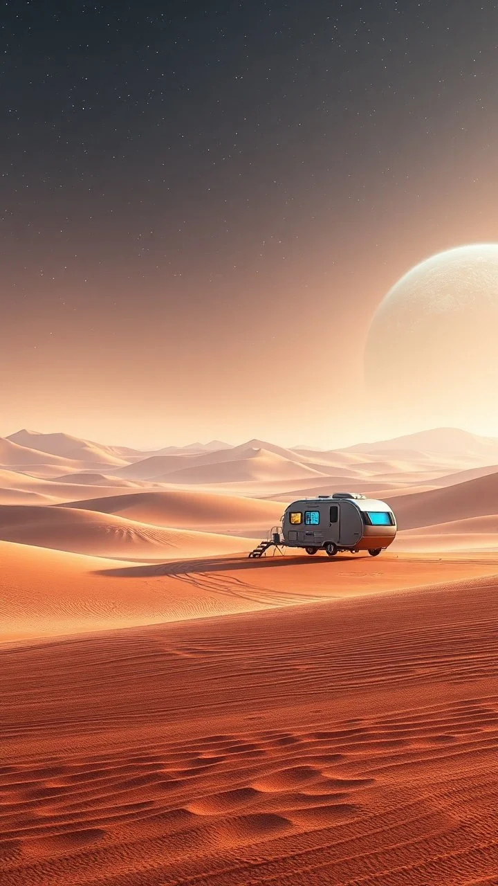 realistic photo of a landscape covered in sands that looks futuristic with futuristic lighting , a caravan