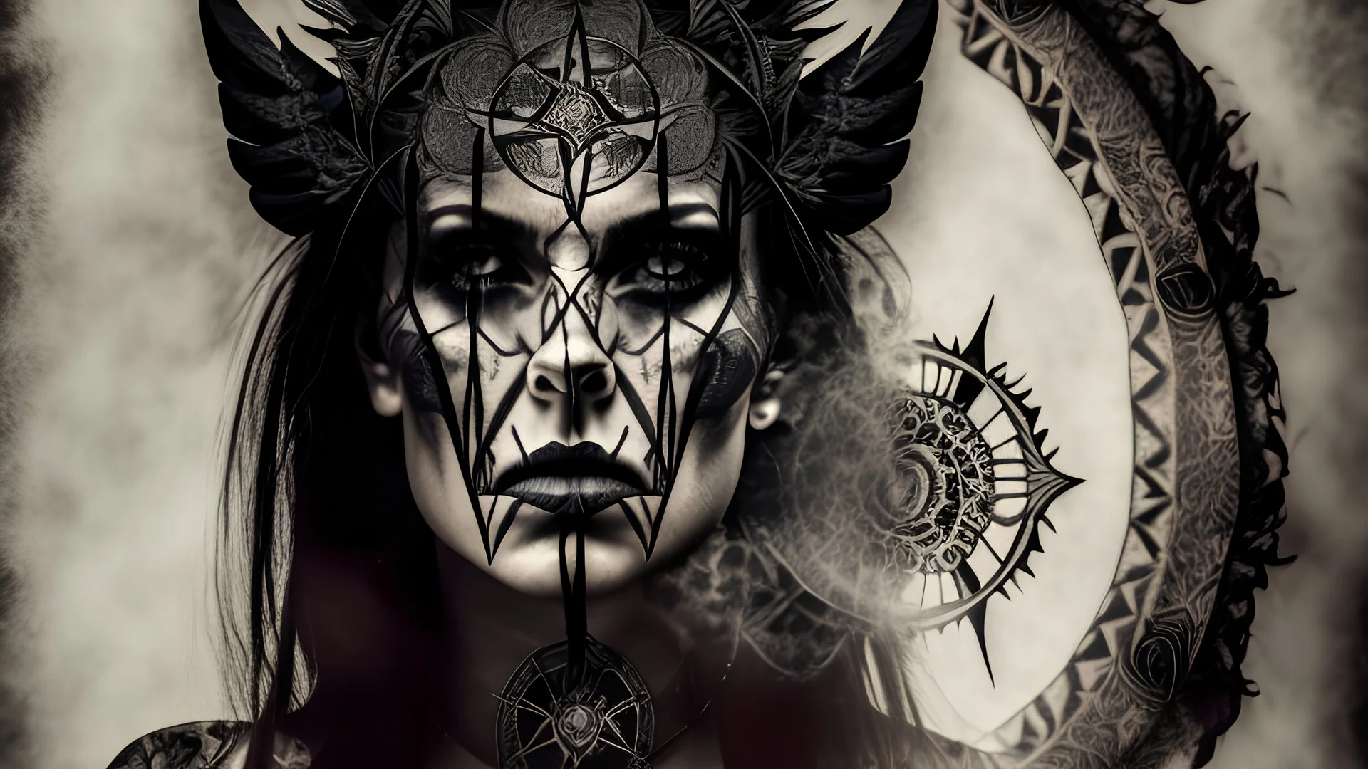 portrait Shaman, mysticism, isoteric, sinister, witchcraft, tattoo, double exposure