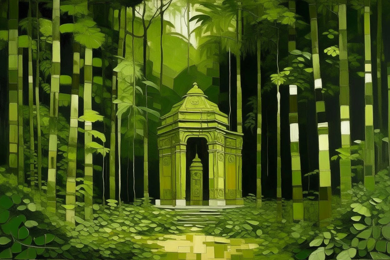 An olive green rainforest with a temple painted by Piet Mondrian