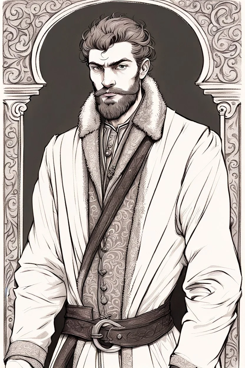 man, age 20, medieval, fighter, russian, croocked nose, czar, rich, simple clothes, short messy hair, thick beard, oligarch, leather coat with fur, brocade clothes, pencil drawing, black or red hair, muscles