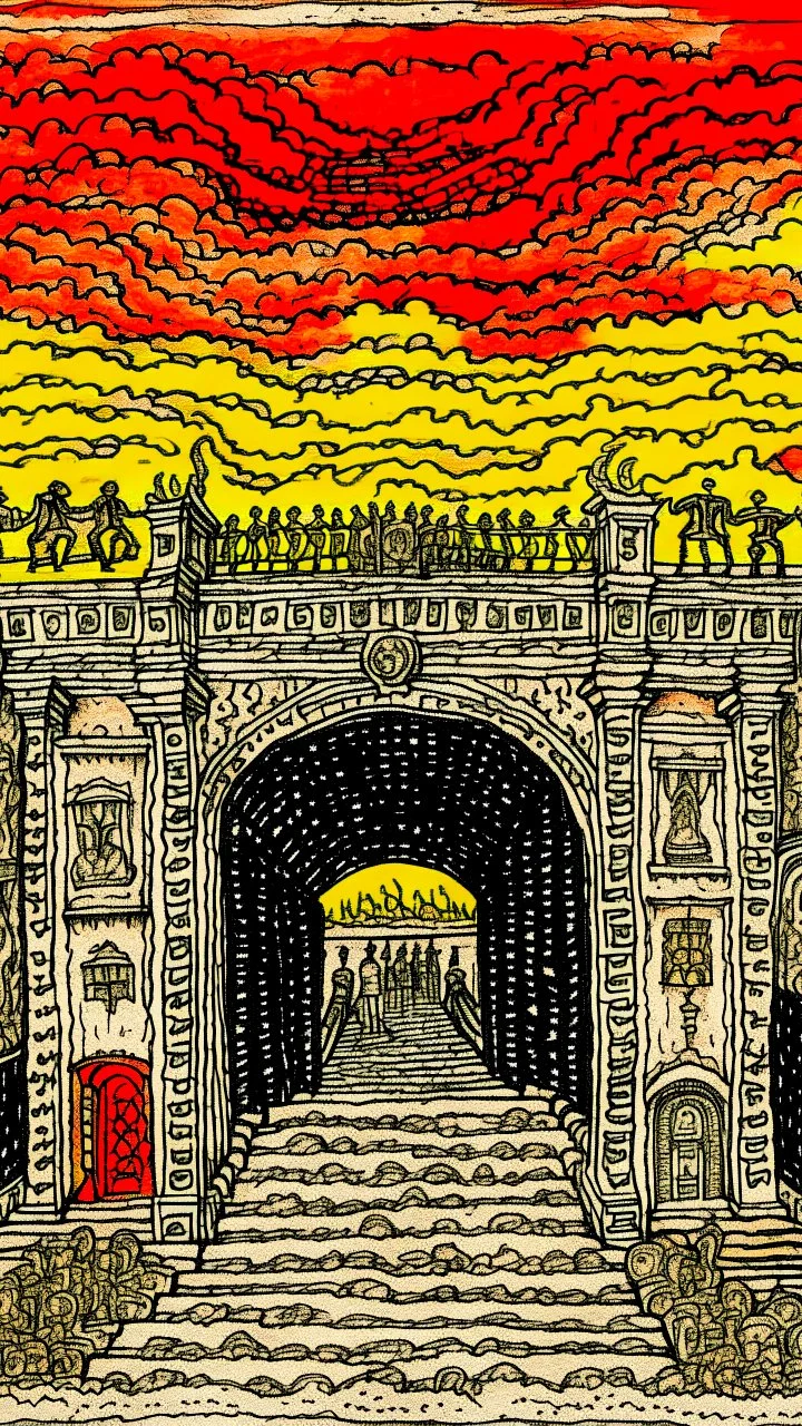 point of view of the entrance gate of hell in the style of egon shiele