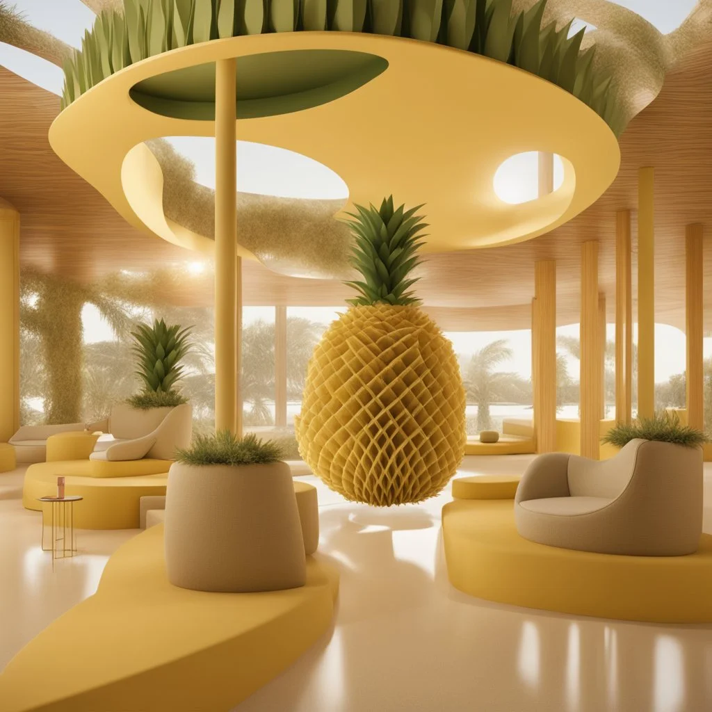 A tourist resort in the shape of a pineapple, interior design, sectiA tourist resort in the shape of a pineapple, interior design, facadeon