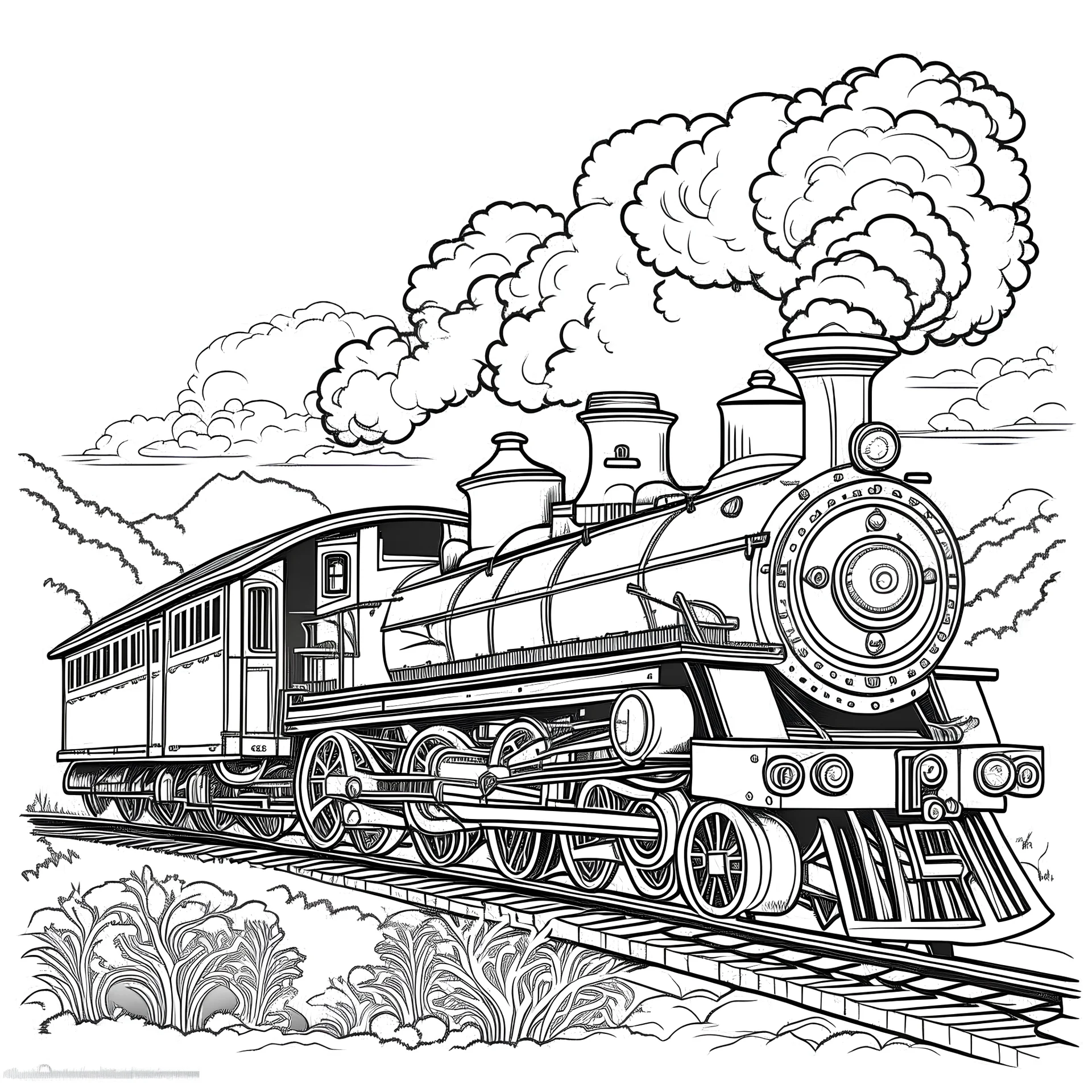 outline art for a majestic steam locomotive chugging along a scenic railway track, puffing clouds of steam into the air coloring pages for kids , white background,only use outline, clean line art, white background, no shadows and clear and well outlined,showing a natural scene