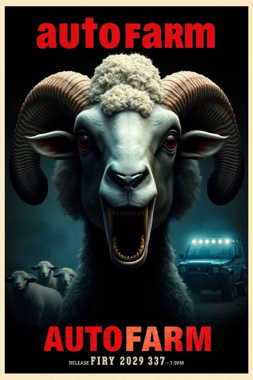 morbid massive superherd group darky humor biologicaly detail horrory old macabre backlit profile, with heading fancy text of poster saying (autofarm) in movie poster movie release date 2025 form,a portrait hybrid mixed body part sheep, giant eyes sheep alien style horror look. as five headed mouth open, rough teeth, turn head, landrover crash in background(&*&*^%$^#%$#%$^%$#^#$#^%#$^$#