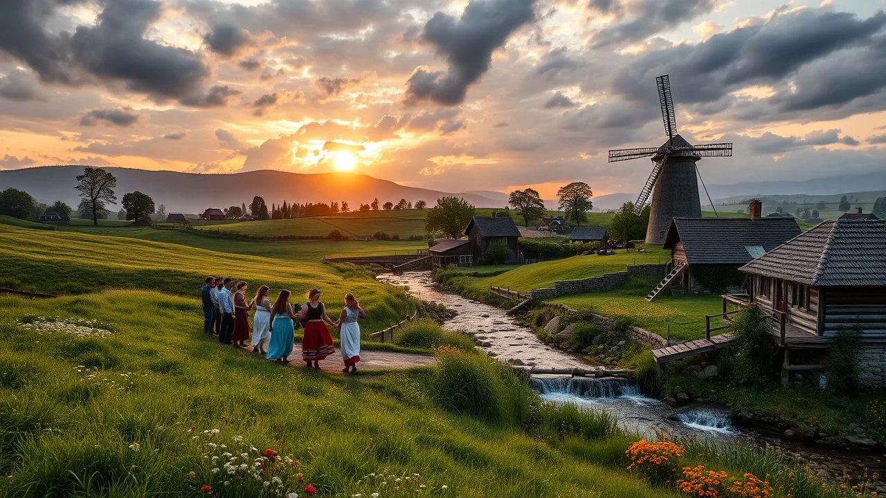 group of people are dancing in a national celebration in a village over high grassy hills,a small fall and river and wild flowers at river sides, trees houses ,next to Ripe wheat ready for harvest farm,windmill ,a few village local shops .people are dancing in a national celebration,cloudy sun set sky,a few village local shops