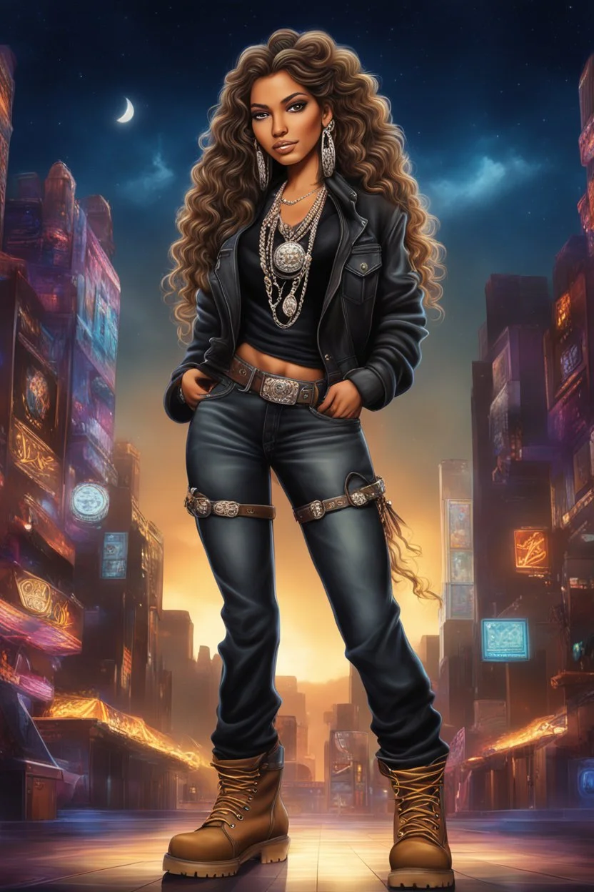 Create a digital airbrush cartoon of an native american female wearing a black jean outfit with timberland boots. Prominent make up with hazel eyes. She is wearing large diamond hoop earrings. Extremely highly detailed very long curly hair that shines. Background of a night club.