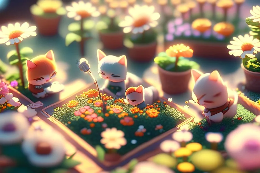 top view of a miniature flower farm scene with cute chibi anime gardener cats tending to the flower fields S<AI in sunshine, photorealistic, 3D, ethereal, cinematic postprocessing, bokeh, dof