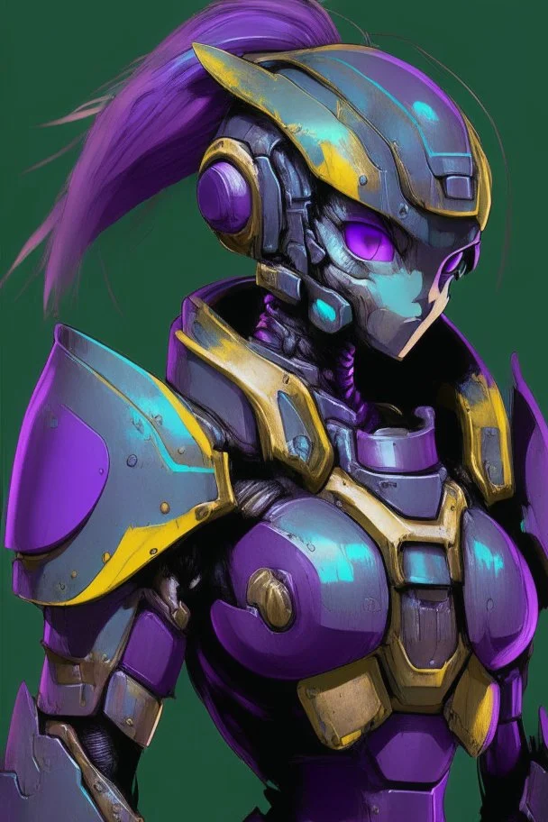 One Genderless Cyborg made of old rusted metal, has a human like face with a really long violet ponytail, they wear armor that is similar to Megaman. The color palatte of the armour is deep purple and yellow. They have Turquoise colured eyes. The Background is dark grey.