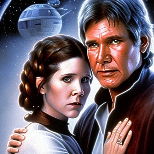 old carrie fisher embracing harrison ford in star wars, waist up portrait, photorealistic faces, intricate, color pencil masterpiece, expert, insanely detailed, 4k resolution, cinematic smooth, intricate detail , soft smooth lighting, soft pastel colors,