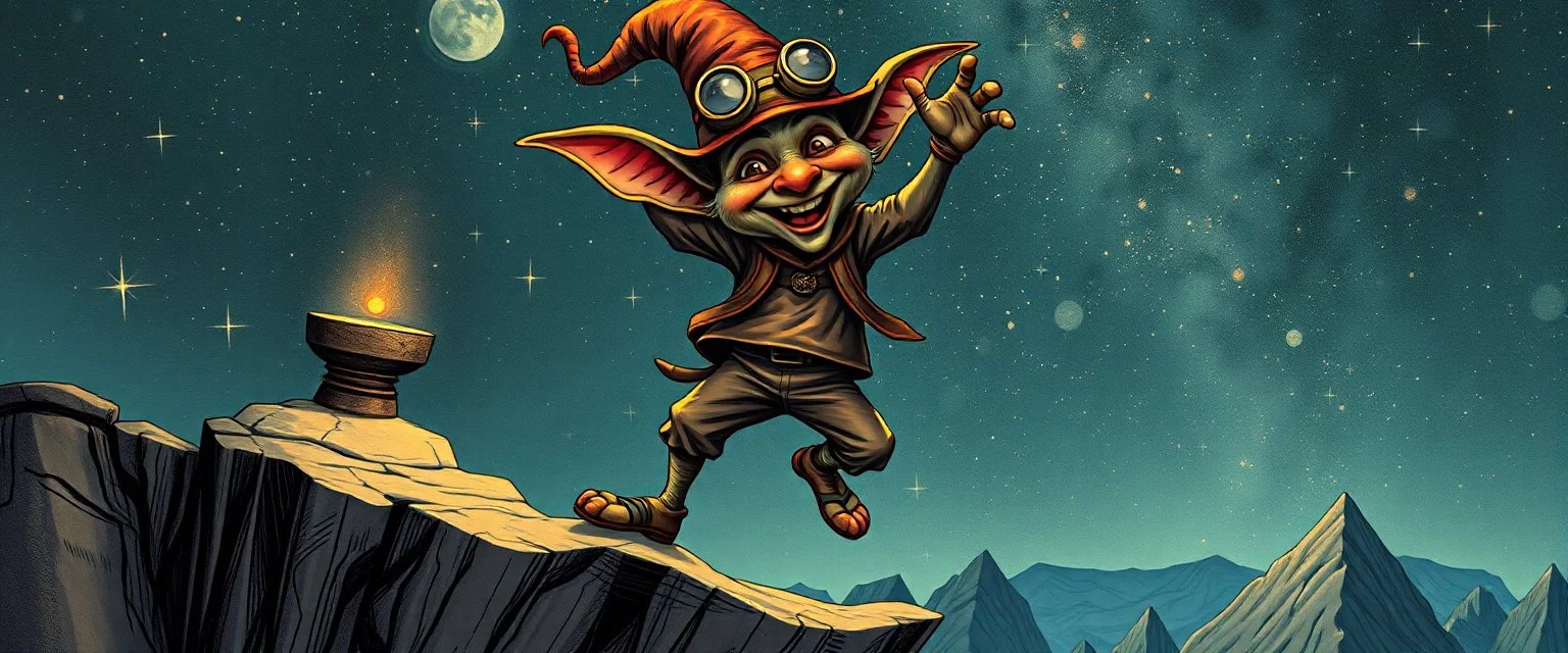 the fool from major arcana,dancing joyfully on the edge of a cliff, close up portrait of dj magic kobold gremlin farmer pilot looking down on cam, with background in the style of escher and giger, a chill contrapunctus fugue in the style of fsol, beethoven,