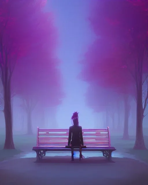 park mystical dream, park bench, man, woman, child, dog, trees, path, bird, sunshine, mystical, fantasy, romanticism, pastel colors, daylight, daytime, acrylic painting, detailed, soft focus,