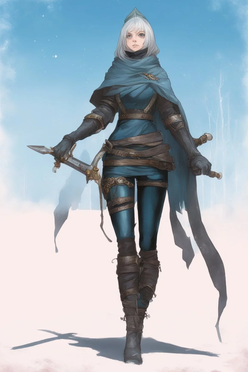 A female cleric dressed for the cold with a sword.