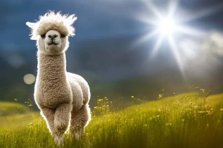 cute alpaca pup on a mountain meadow, looking very happy, intricate, volumetric lighting, volumetric clouds, sharp photo