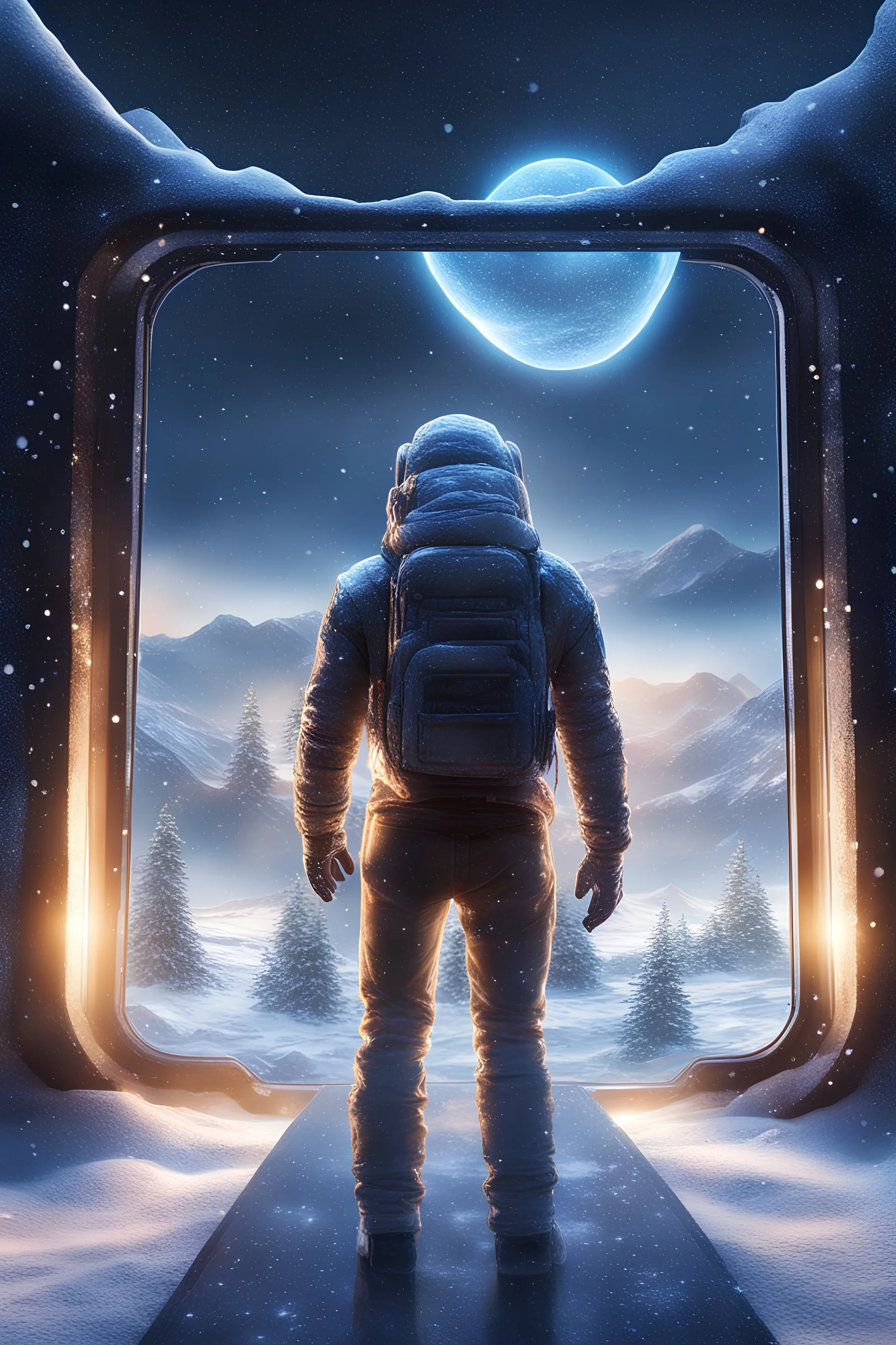 book cover illustration, snowfall in the background, bright night, in front of space portal dimensional glittering device, bokeh like f/0.8, tilt-shift lens 8k, high detail, smooth render, down-light, unreal engine, prize winning