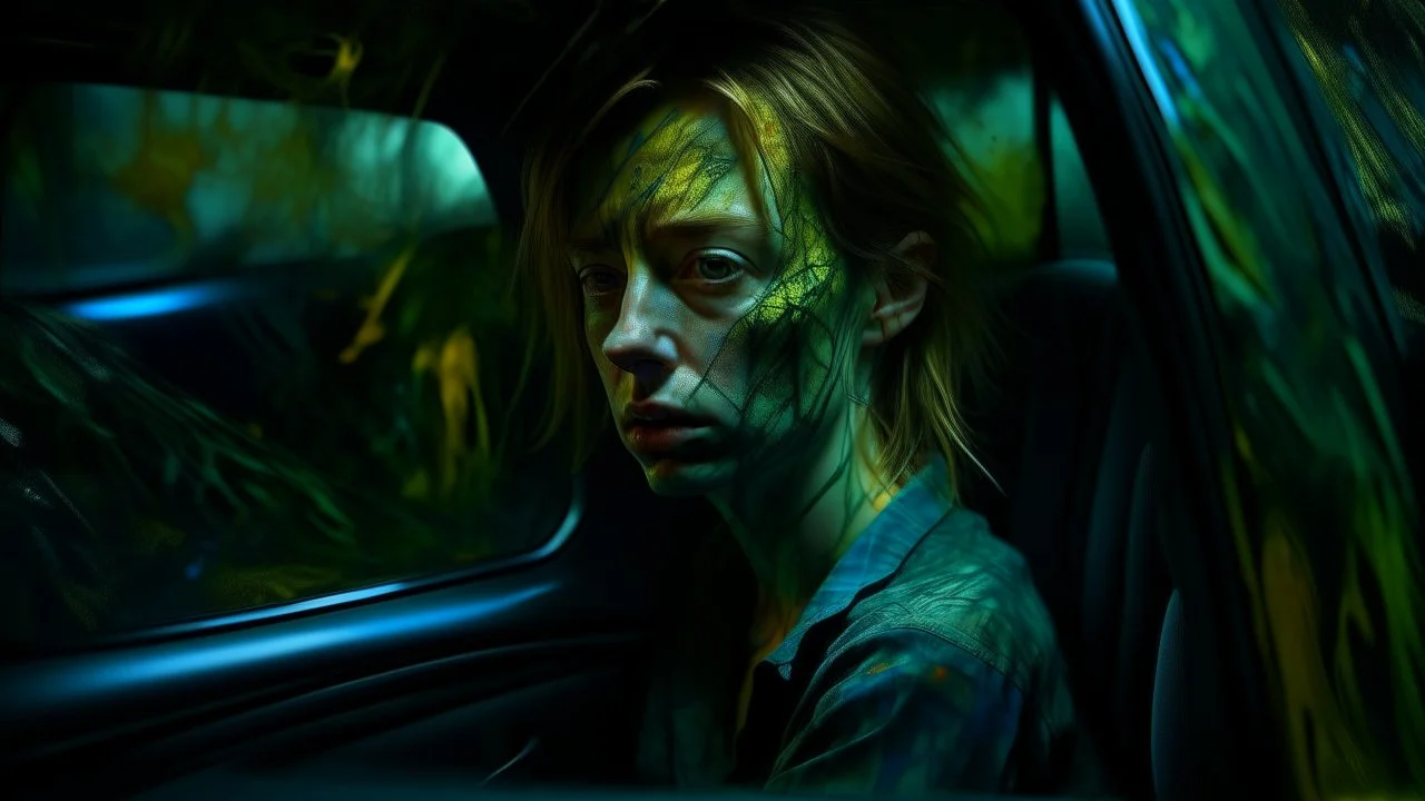 abstract painting, portrait of an arafed woman sitting in an arafed car, cracked windscreen, haunted facial expression, gritty dark color palette with shades of dull blue, sparse bluish green, sparse warm yellow, splinters of green, amazing reflections,cinematic, dynamic, tilt motion dynamics, pursuit dynamics, slight speed blur, double exposure, alienating vibe of 1980s punk aesthetics, real emotions against artificial lies, shadows of past and lost innocenc