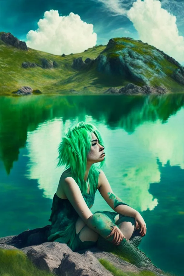 woman sitting on a rock, in a lake, green mottled skin, green hair, blue sky, wite clouds