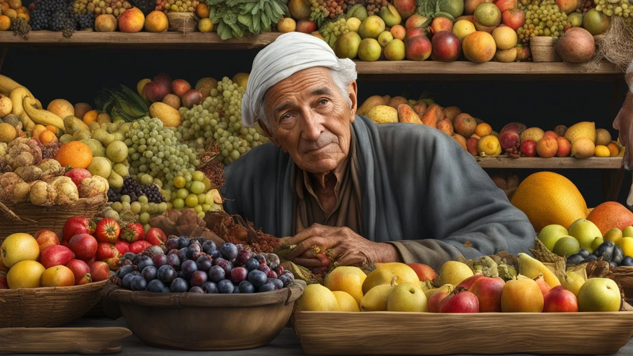 elderly male market trader selling many different types of fruit, showing his head and upper body, perfect eyes, perfect anatomy, exquisite composition, beautiful detailed intricate detailed octane render, 8k artistic photography, photorealistic, soft natural volumetric cinematic perfect light, chiaroscuro, award-winning photograph, masterpiece, raphael, caravaggio, bouguereau