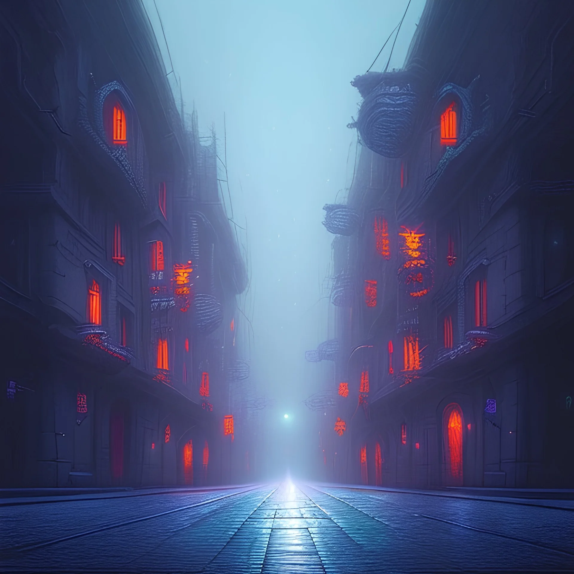 Empty dark back street in LA at night ,neon, digital painting, Beksiński style