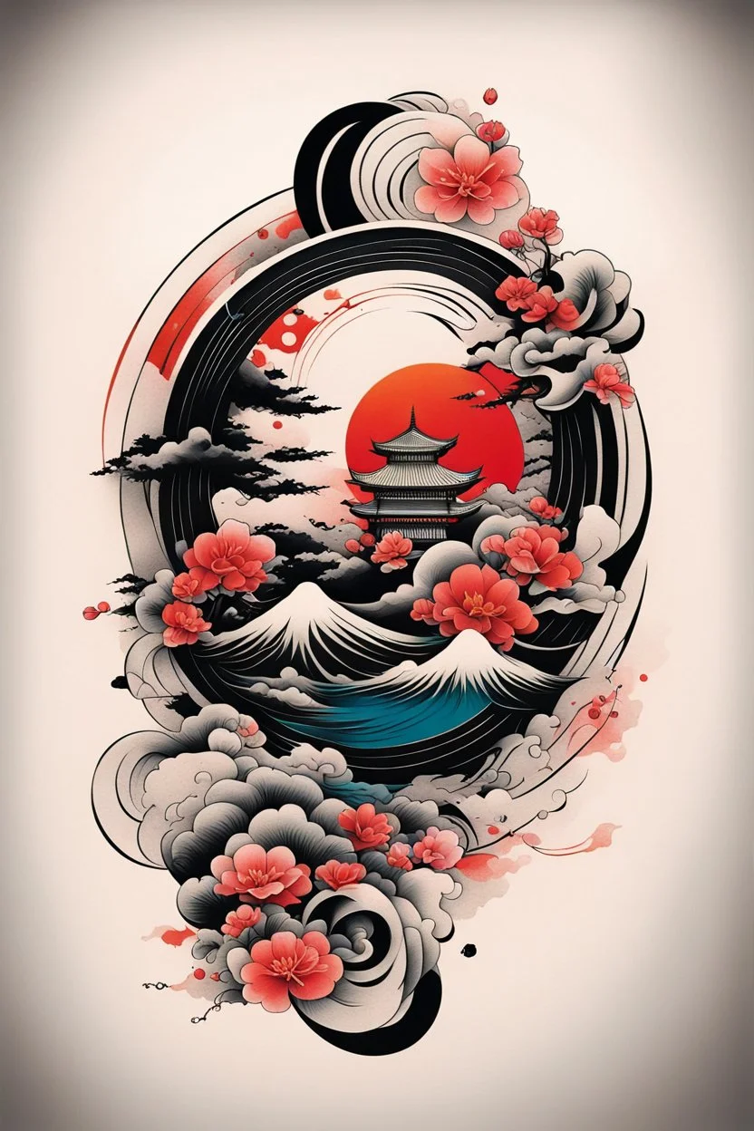 Create a captivating modern 2d colorfull ink Japanese tattoo design for print , using the elegant influences of japan art style, for print, dynamic elements from fashion and design, and bold Japanese art aesthetics, framing centered in the center, distanced from the edges of the paper perimeter, perfect anatomy, bauhaus, Divine Proportion,